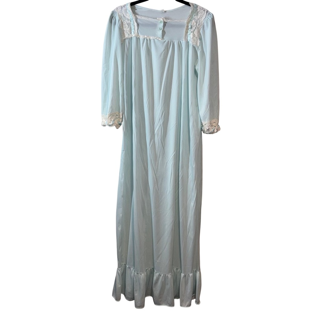 Vintage Lace Trim Nancy King Nightgown Womens Medium Blue Made in USA
